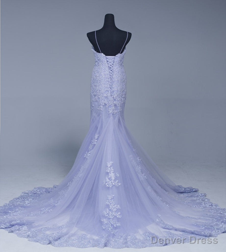 Lavener Tulle with Lace Sheath Spaghetti Straps Prom Dress, Long Prom Dresses