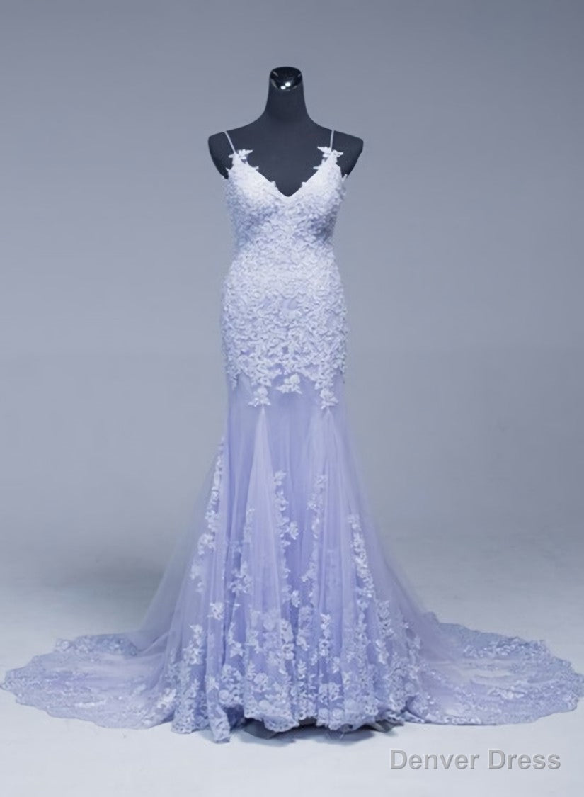 Lavener Tulle with Lace Sheath Spaghetti Straps Prom Dress, Long Prom Dresses Secondary image