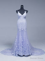 Lavener Tulle with Lace Sheath Spaghetti Straps Prom Dress, Long Prom Dresses
