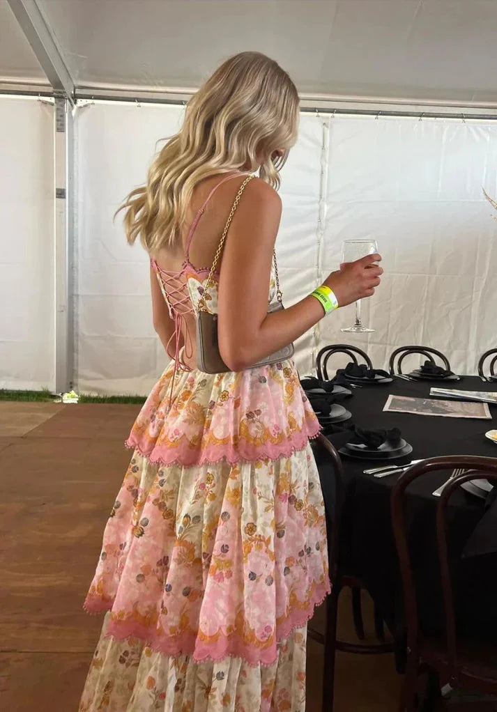 Orange Fashion Sweet Floral Layered Lace Long Prom Dress Prom Gowns Garden Prom Dresses