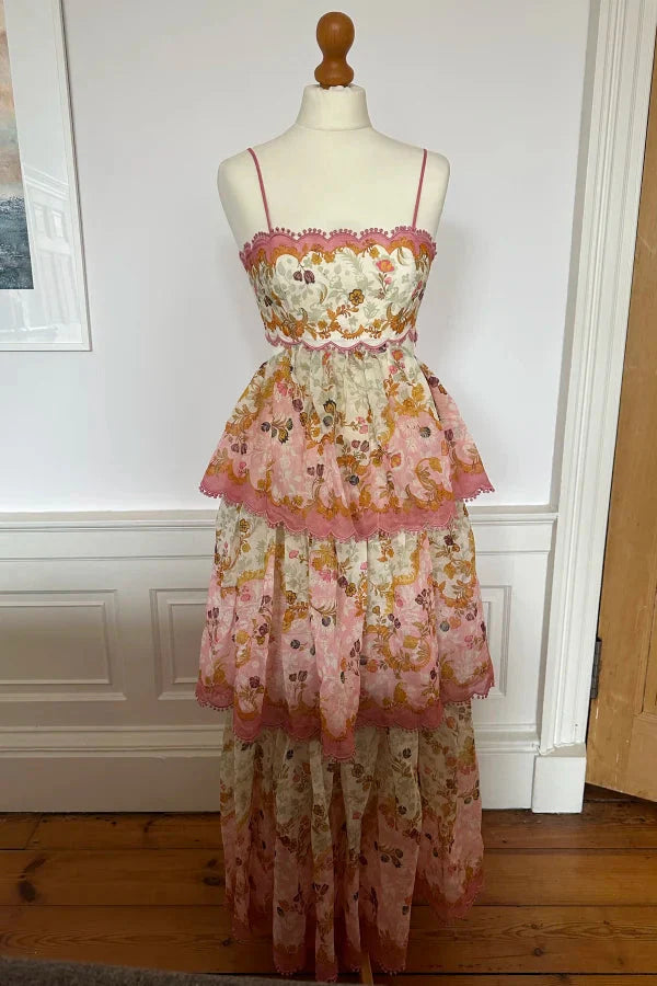 Orange Fashion Sweet Floral Layered Lace Long Prom Dress Prom Gowns Garden Prom Dresses