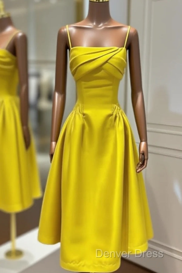 Lemon Yellow Satin Midi Bridesmaid Dresses Main image