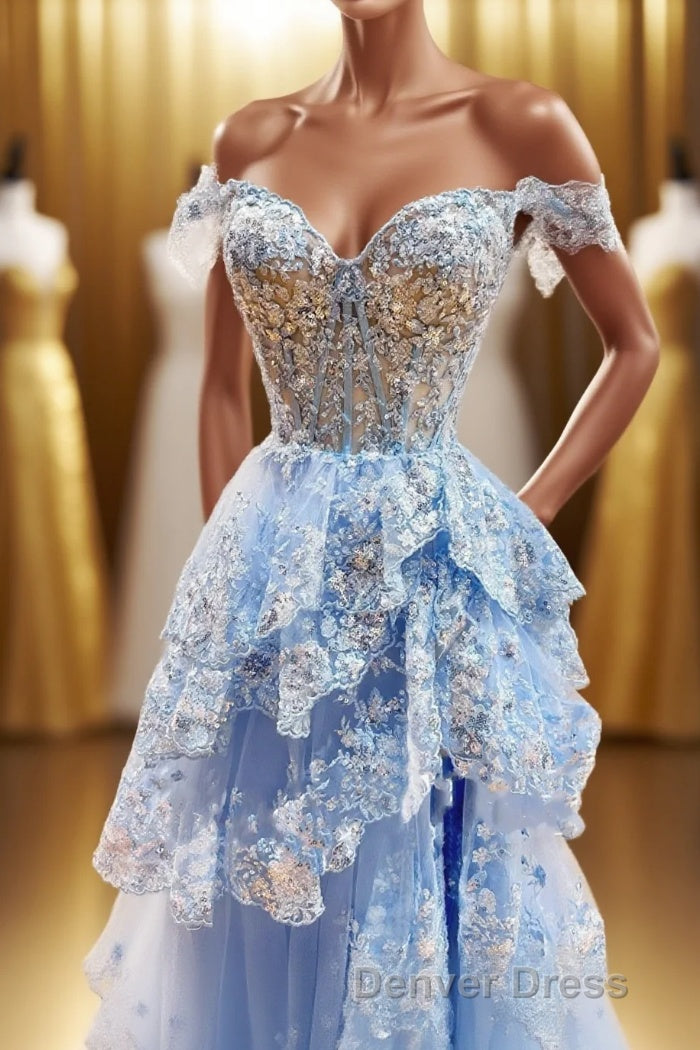 Off the Shoulder Light Blue Appliques Tiered Prom Gowns Main image