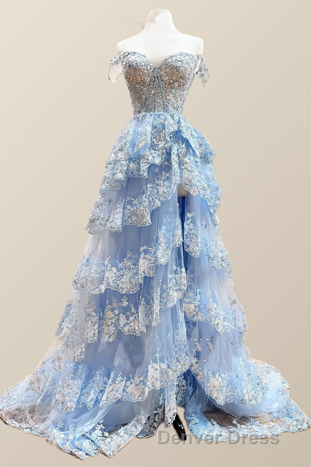 Off the Shoulder Light Blue Appliques Tiered Prom Gowns
