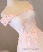 Light Pink Lace Off Shoulder Lonng Prom Dresses, Pink Evening Dresses