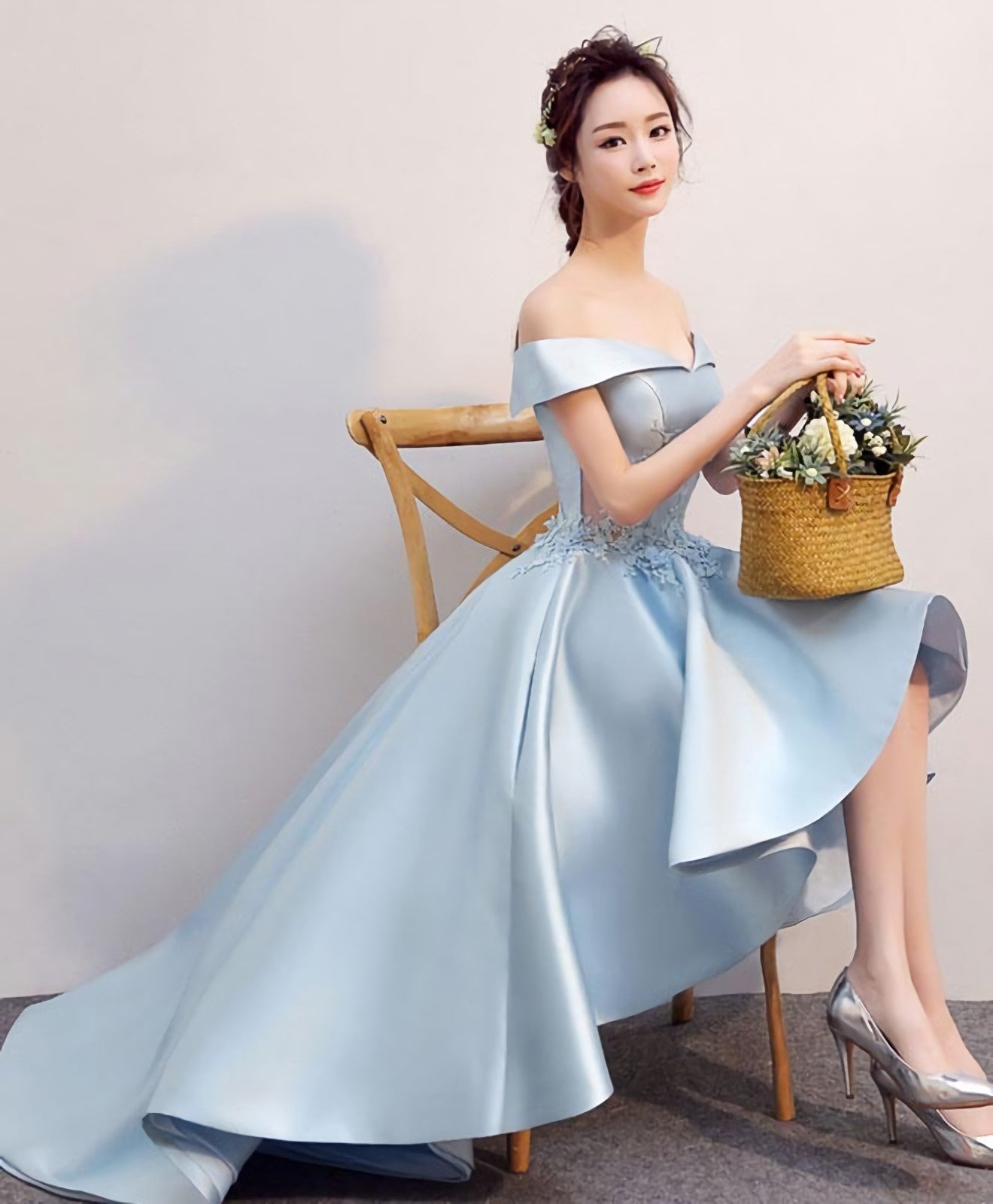 Light Blue High Low Lace Prom Dress