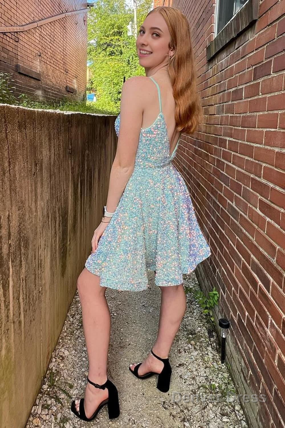 Light Blue A Line Backless Sequins Homecoming Dresses