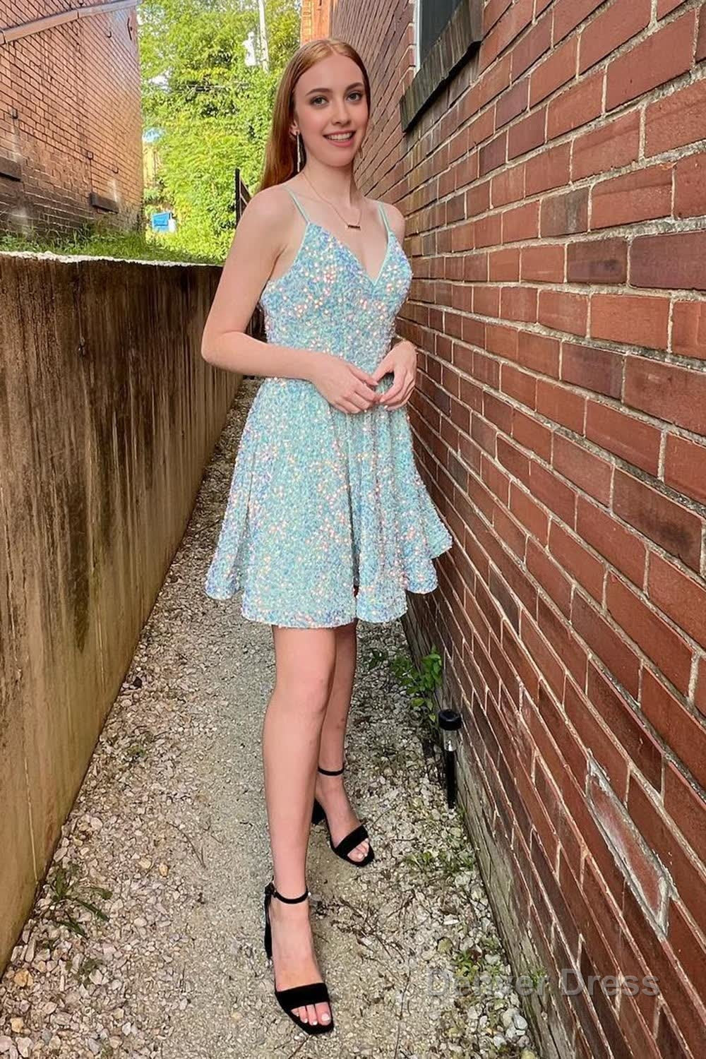 Light Blue A Line Backless Sequins Homecoming Dresses