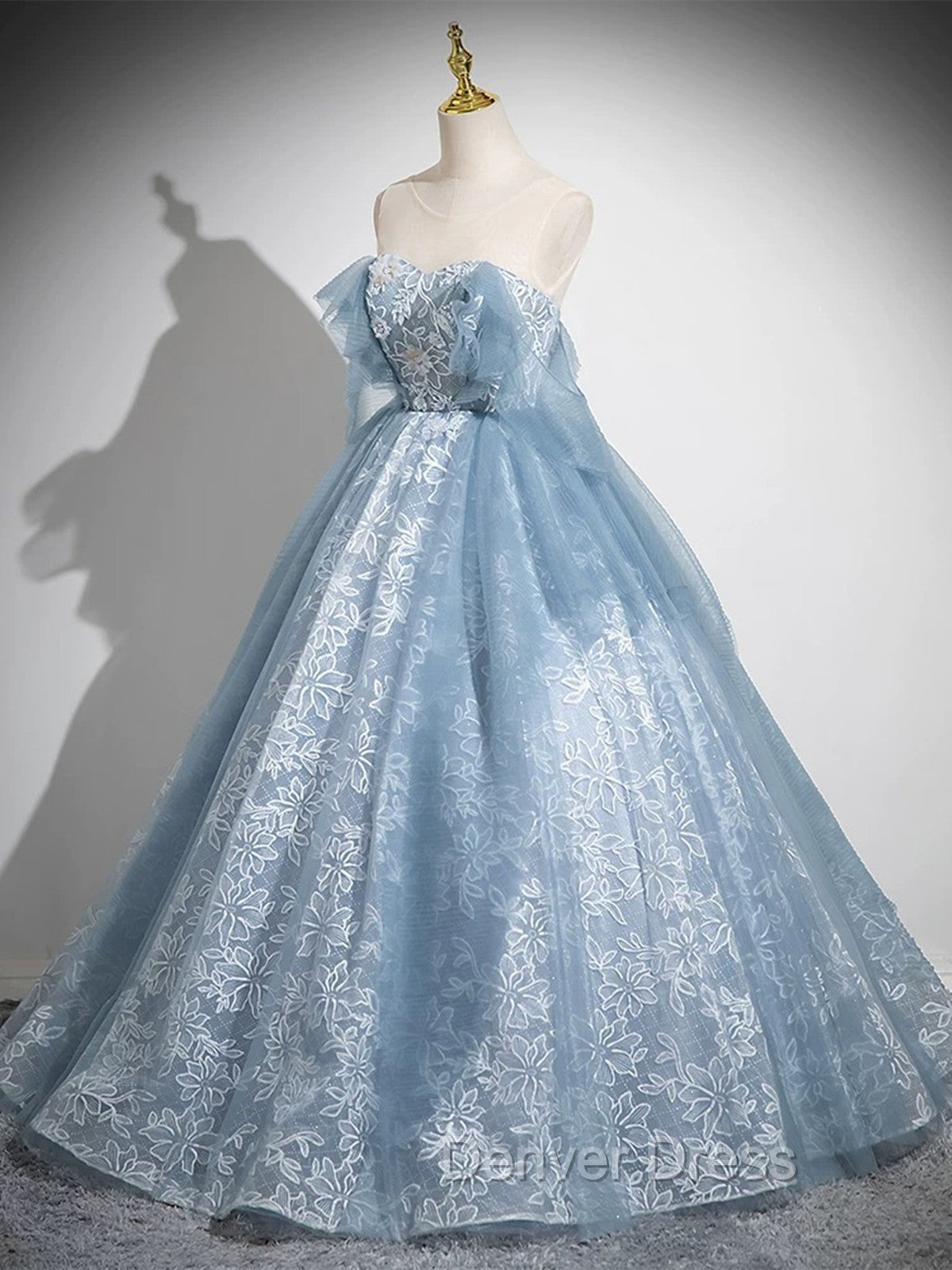 Light Blue A-Line Lace And Tulle Long Party Dresses, Blue Round Neckline Prom Dresses