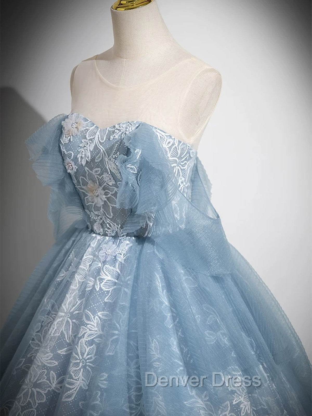 Light Blue A-Line Lace And Tulle Long Party Dresses, Blue Round Neckline Prom Dresses