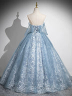 Light Blue A-Line Lace And Tulle Long Party Dresses, Blue Round Neckline Prom Dresses