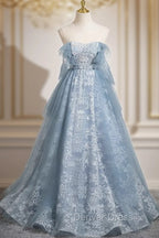 Light Blue A-Line Lace And Tulle Long Party Dresses, Blue Round Neckline Prom Dresses