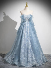 Light Blue A-Line Lace And Tulle Long Party Dress, Blue Round Neckline Prom Dress