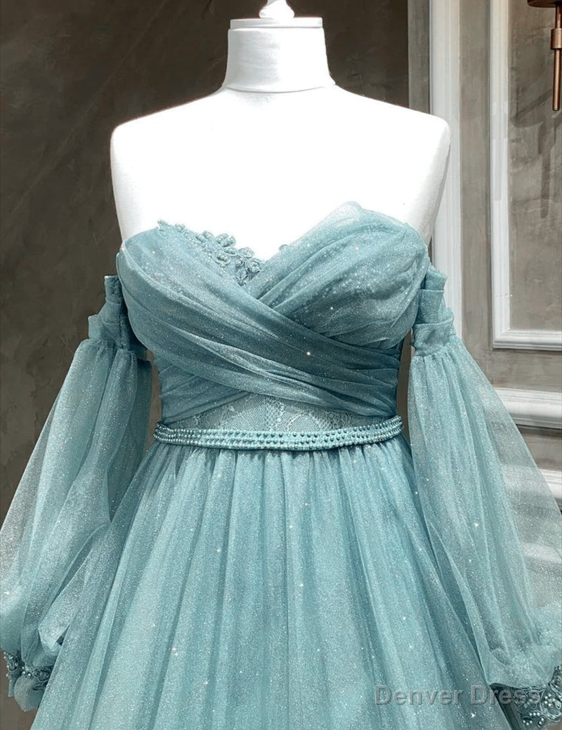 Light Blue A-line Long Sleeves Party Dress with Lace, Sweetheart Long Prom Dress Secondary image