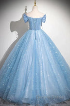 Light Blue A-Line Off Shoulder Tulle Sequins Long Prom Dresses Evening Dresses