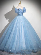 Light Blue A-Line Off Shoulder Tulle Sequins Long Prom Dresses Evening Dresses