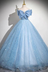 Light Blue A-Line Off Shoulder Tulle Sequins Long Prom Dress Evening Dress