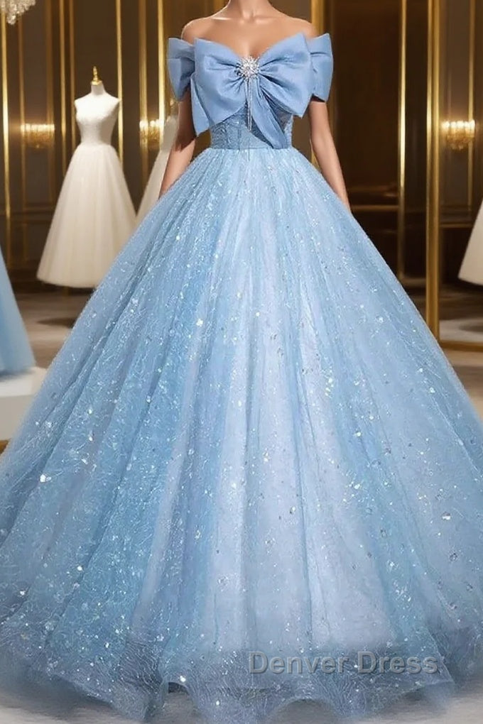 Light Blue A-Line Off Shoulder Tulle Sequins Long Prom Dresses Evening Dresses Main image