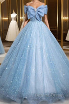 Light Blue A-Line Off Shoulder Tulle Sequins Long Prom Dresses Evening Dresses