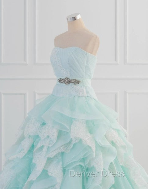 Light Blue A Line Strapless Tulle Lace Long Prom Dress Vintage Wedding Dresses Secondary image
