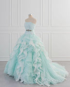 Light Blue A-Line Strapless Tulle Lace Long Prom Dresses Vintage Wedding Dresses