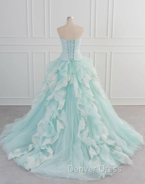 Light Blue A-Line Strapless Tulle Lace Long Prom Dresses Vintage Wedding Dresses