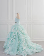 Light Blue A-Line Strapless Tulle Lace Long Prom Dresses Vintage Wedding Dresses