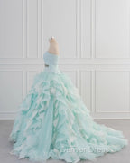 Light Blue A Line Strapless Tulle Lace Long Prom Dress Vintage Wedding Dresses