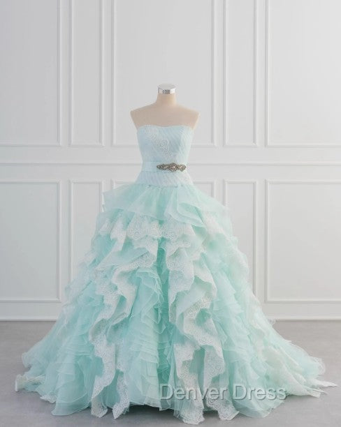 Light Blue A Line Strapless Tulle Lace Long Prom Dress Vintage Wedding Dresses