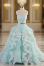 Light Blue A Line Strapless Tulle Lace Long Prom Dress Vintage Wedding Dresses