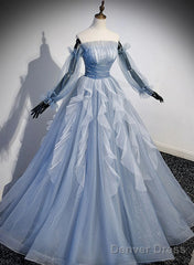Light Blue Ball Gown Long Sleeves Beaded Party Dress, Light Blue Prom Dress