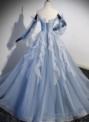 Light Blue Ball Gown Long Sleeves Beaded Party Dress, Light Blue Prom Dress