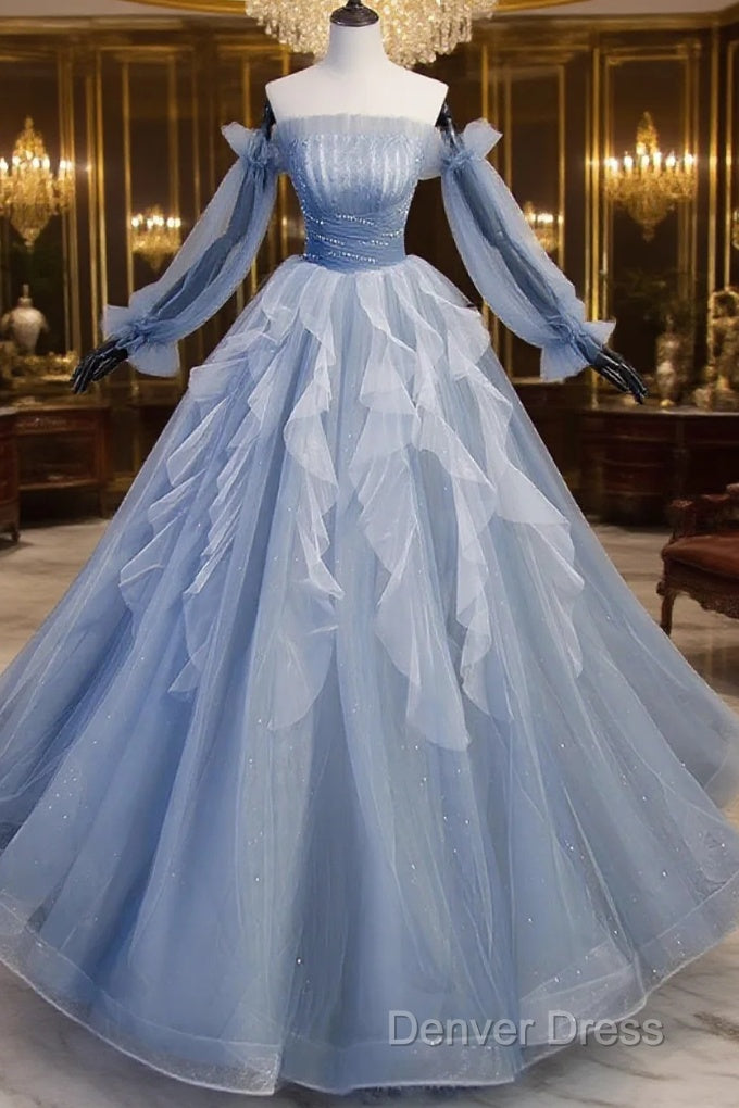 Light Blue Ball Gown Long Sleeves Beaded Party Dresses, Light Blue Prom Dresses Main image