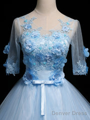 Light Blue Ball Gown With Sleeves Party Dress, Blue Sweet 16 Dress
