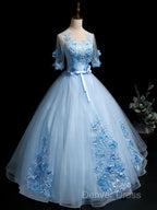 Light Blue Ball Gowns With Sleeves Prom Dress, Blue Sweet 16 Dresses
