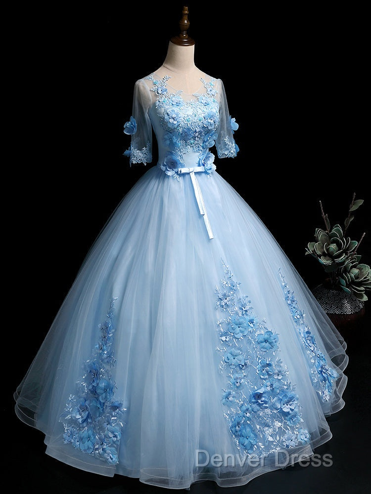 Light Blue Ball Gowns With Sleeves Prom Dress, Blue Sweet 16 Dresses