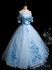 Light Blue Ball Gown With Sleeves Party Dress, Blue Sweet 16 Dress