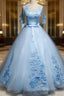 Light Blue Ball Gowns With Sleeves Prom Dress, Blue Sweet 16 Dresses
