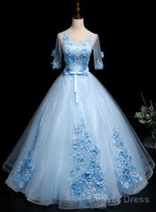 Light Blue Ball Gown With Sleeves Party Dress, Blue Sweet 16 Dress