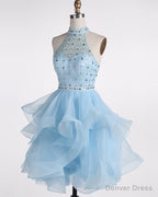 Light Blue Beaded Layers Knee Length Prom Dress, Blue Homecoming Dress Short Prom Dresses