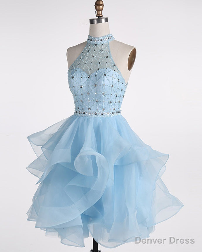 Light Blue Beaded Layers Knee Length Prom Dress, Blue Homecoming Dress Short Prom Dresses