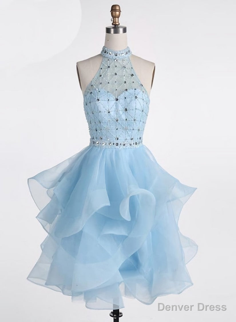 Light Blue Beaded Layers Knee Length Party Dress, Blue Homecoming Dres