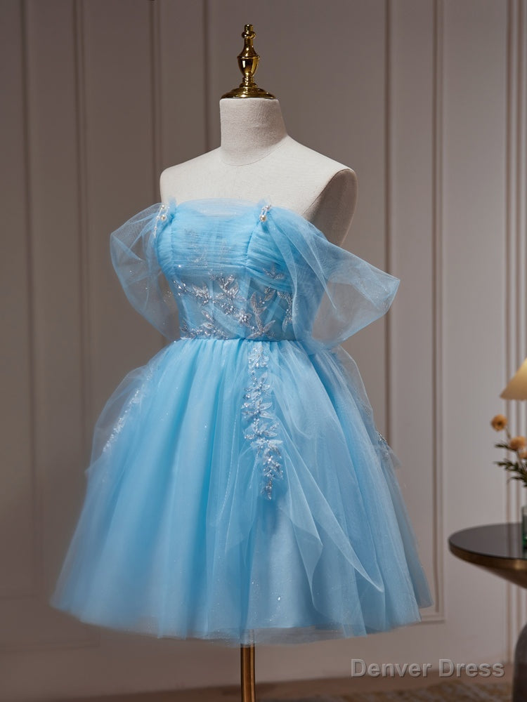 Light Blue Beaded Sweetheart Tulle Lace up Prom Dress, Blue Short Homecoming Dresses Main image
