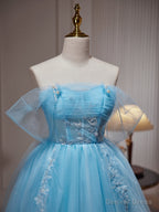 Light Blue Beaded Sweetheart Tulle Lace-up Party Dress, Blue Short Homecoming Dress