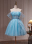 Light Blue Beaded Sweetheart Tulle Lace up Prom Dress, Blue Short Homecoming Dresses