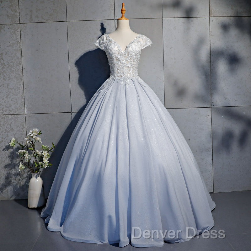 Light Blue Cap Sleeves Lace Top Ball Gown Sweet 16 Gown, Light Blue Prom Dresses Formal Dresses Secondary image