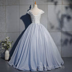 Light Blue Cap Sleeves Lace Top Ball Gown Sweet 16 Gown, Light Blue Prom Dresses Formal Dresses