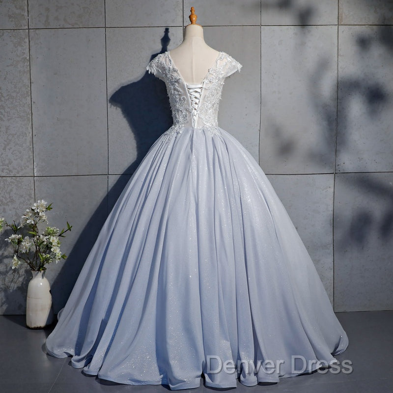 Light Blue Cap Sleeves Lace Top Ball Gown Sweet 16 Gown, Light Blue Prom Dresses Formal Dresses