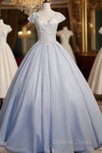 Light Blue Cap Sleeves Lace Top Ball Gown Sweet 16 Gown, Light Blue Prom Dresses Formal Dresses