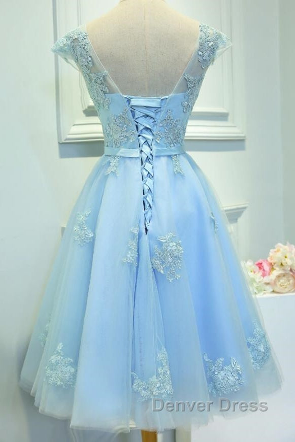 Light Blue Cap Sleeves Tea Length Vintage Style Prom Dress, Blue Homecoming Dresses Secondary image